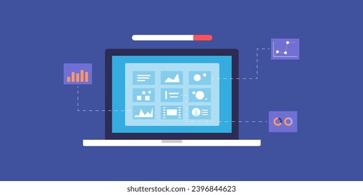 Data research, Data driven marketing, data analysis on laptop screen, flat design vector illustration background with icons