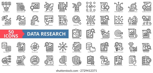 ícone de pesquisa de dados definir ilustração de estilo de estrutura de tópicos. contendo inferência estatística, teste de hipóteses, seleção de variáveis, validação de modelo, geração de insight, preparação de conjunto de dados, metatagging