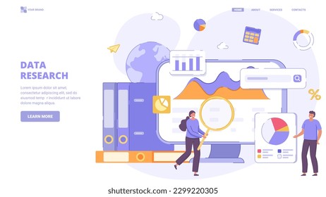 Investigación de datos, búsqueda de información, entrada y recolección, análisis de datos, big data, report . Concepto de diseño para la página de inicio. Ilustración vectorial plana con caracteres para sitio web, impresión, banner