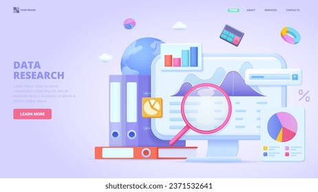 Data research, information search, entry and collecting, data analysis, big data, report. 3d design concept for landing page. Three dimensional vector illustration for website, print, banner