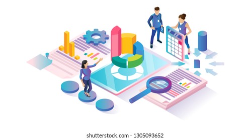 Data research isometric cyberspace concept illustration. Team communication and managing analysis. Resources optimization and strategy. Abstract data chart elements and documents. Industry statistics