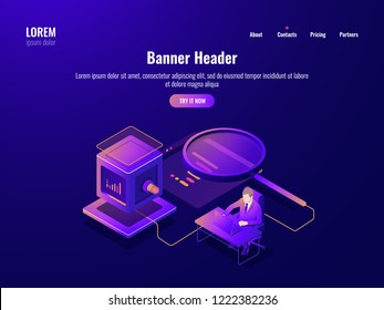 Data research isometric icon, information analyzing and big data processing, artificial intelligence ai, magnifying glass, workplace, server room, office worker dark neon vector