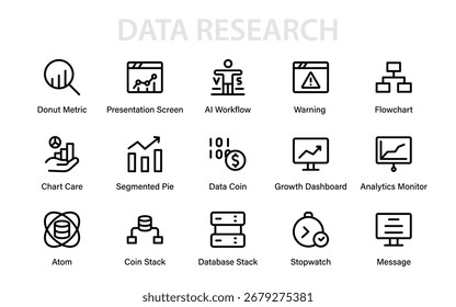 Data Research Modern Line Icon Pack. Professional outline vector set of analytics, statistics, business data, economy, charts, and investment growth.