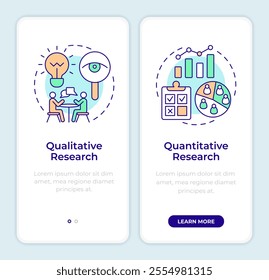 Data research types onboarding mobile app screen. Walkthrough 2 steps editable graphic instructions with linear concepts. UI, UX, GUI template