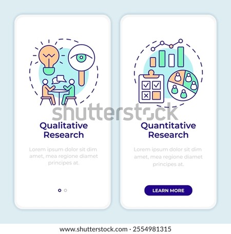 Data research types onboarding mobile app screen. Walkthrough 2 steps editable graphic instructions with linear concepts. UI, UX, GUI template