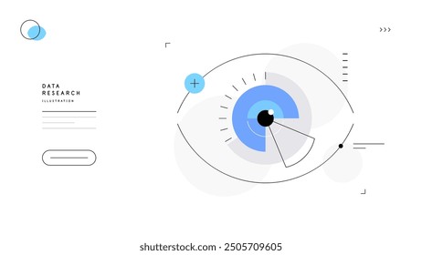 Data research and visualization. Abstract eye, vision. Presentation slide, web banner. Flat illustration with text. Vector file.