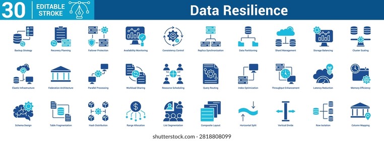 Data Resilience icon set Technology with icon of Backup Strategy, Recovery Planning, Failover Protection, Availability Monitoring, Consistency Control, Replica Synchronization, Data Partitioning, Sha.