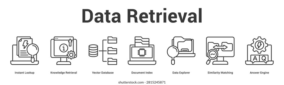 Data Retrieval web banner icon set vector illustration concept for business with icon of Instant Lookup, Knowledge Retrieval, Vector Database, Document Index, Data Explorer, Similarity Matchi.