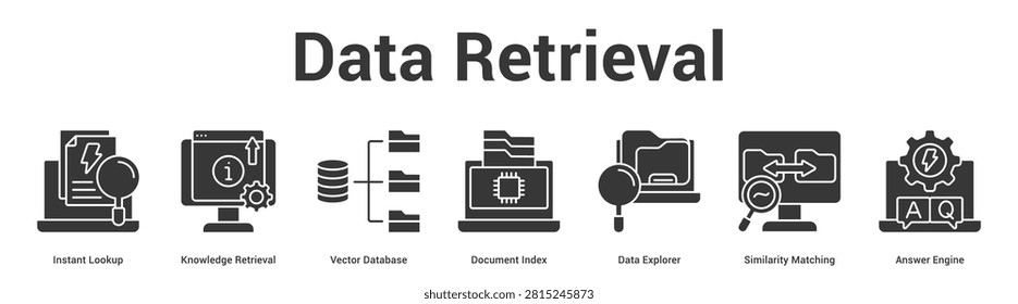 Data Retrieval web banner icon set vector illustration concept for business with icon of Instant Lookup, Knowledge Retrieval, Vector Database, Document Index, Data Explorer, Similarity Matchi.