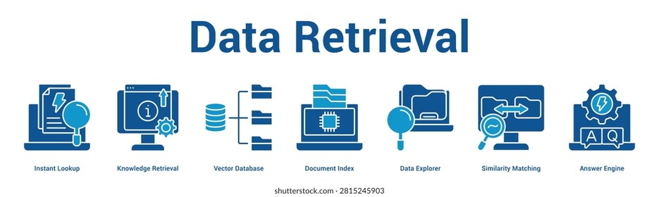Data Retrieval web banner icon set vector illustration concept for business with icon of Instant Lookup, Knowledge Retrieval, Vector Database, Document Index, Data Explorer, Similarity Matchi.
