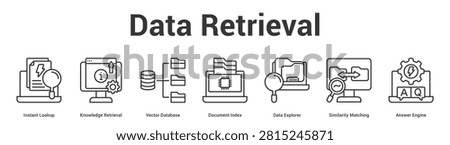 Data Retrieval web banner icon set vector illustration concept for business with icon of Instant Lookup, Knowledge Retrieval, Vector Database, Document Index, Data Explorer, Similarity Matchi.