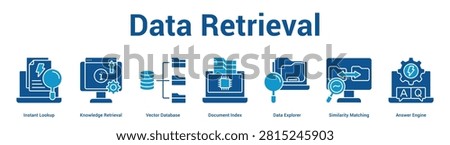 Data Retrieval web banner icon set vector illustration concept for business with icon of Instant Lookup, Knowledge Retrieval, Vector Database, Document Index, Data Explorer, Similarity Matchi.