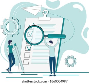 Data retrieval.People use a magnifying glass to search and analyze data.Teamwork and office activities.Flat vector illustration.
