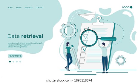 Data retrieval.People use a magnifying glass to search and analyze data.Teamwork and office activities.Flat vector illustration.The template of the landing page.
