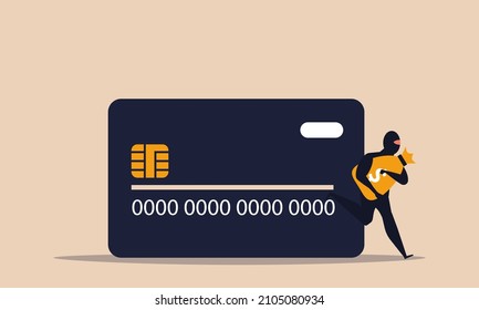 Data robbery and crime fraud with credit card and thief. Man with mask hack password and steal access vector illustration concept. Cartoon character bandit looting money. Internet protect and phishing