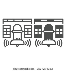 Data ruler and satellite with antenna line and solid icon, neural dataset concept. Vector graphics. Satellite data training sign on white background, outline style icon for mobile or web design