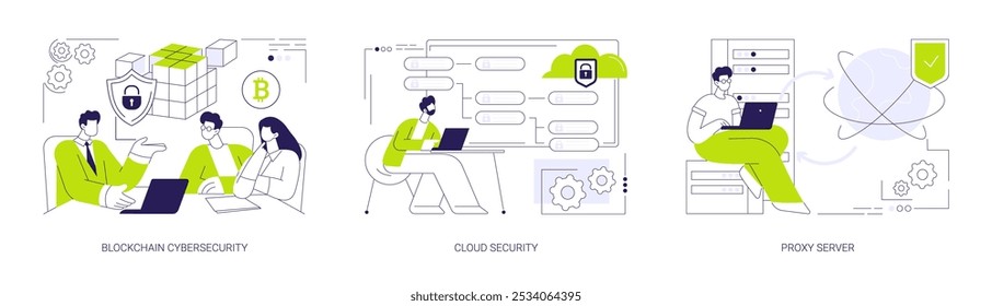 Data safety abstract concept vector illustration set. Blockchain cybersecurity specialist job, cloud security work, datacenter worker install proxy server, computing industry abstract metaphor.