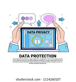 data safety cloud shield laptop protects palms over synchronization General Data Protection Regulation GDPR server security guard on white background flat