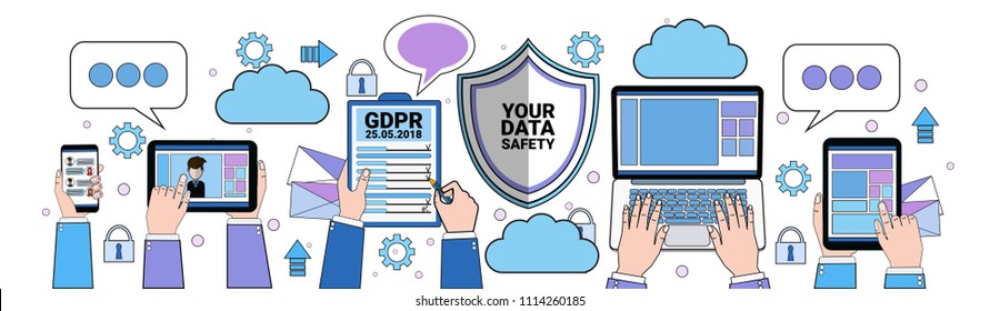 data safety cloud shield tablet padlock over synchronization General Data Protection Regulation GDPR server security guard on white background banner flat