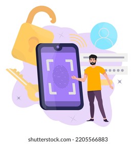 Data safety concept. Biometric access. Biometrics verification and identification. Password, log in, authorization. Fingerprint scanning. Male character protects his smartphone. User ensures cyber sec