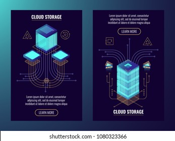 Data safety concept, remote server room, web host icon, data center isometric vector