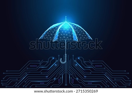 Data safety and cyber protection. Glowing polygon umbrella over circuit board, symbolizing security, privacy and stable digital systems. Futuristic neon blue aesthetic, tech vector illustration.