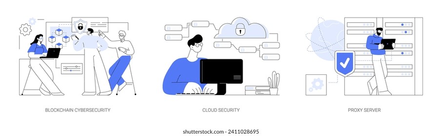 Data safety isolated cartoon vector illustrations set. Blockchain cybersecurity specialist job, cloud security work, datacenter worker install proxy server, computing industry vector cartoon.