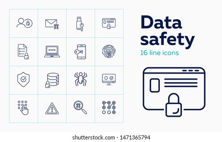 Data safety line icon set. Spider, fingerprint, key, lock, password. Protection concept. Can be used for topics like secured access, identification, information technology