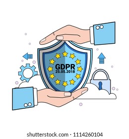 data safety padlock shield protects palms over synchronization General Data Protection Regulation GDPR server security guard on white background copy space flat