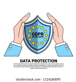 data safety shield protects palms over General Data Protection Regulation GDPR server security guard on white background copy space flat
