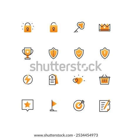 Data safety and targeting - line design style icons set on white background. Images of locks, key, crown, award, shields, lightning, label, heart, shopping basket, flag, target, contract, star