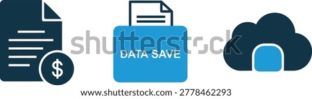 Data save and cloud storage concept icons with data management transfer entry processing analysis driven computer information business technology document currency