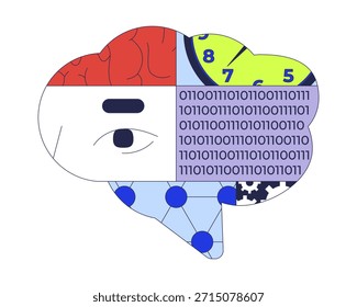 Concepto de ilustración 2D de ciencia de datos. Inteligencia artificial. Aprendizaje profundo. Análisis de series temporales. Red neuronal. Composición de dibujos animados cerebrales segmentados aislados en blanco. Metáfora de Vector abstracto plano