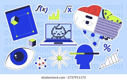 Data science and AI colorful die-cut sticker sheet. Artificial intelligence. Coding analysis. Math education. Flat cartoon collage design. Vector illustration. Labels pack for journaling, scrapbooking