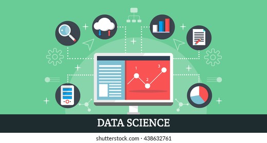 Data Science, Data Analysis With Elements And Icons. Vector Illustration Concept, Banner And Infographic.