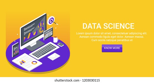 Data science, data analysis and research flat design 3D isometric banner with icons and texts