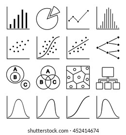 Data Science. Analytical Tools: charts, graphs, diagrams, trees. Set of sixteen vector icons