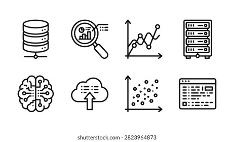 Data science and analytics line icons set with analytics artificial intelligence statistics