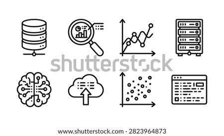 Data science and analytics line icons set with analytics artificial intelligence statistics