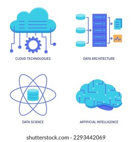 Data science and artificial intelligence flat icon set. Vector illustration.