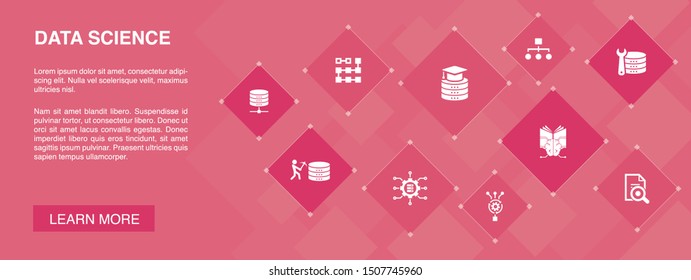 Data Science banner 10 icons concept.machine learning, Big Data, Database, Classification icons