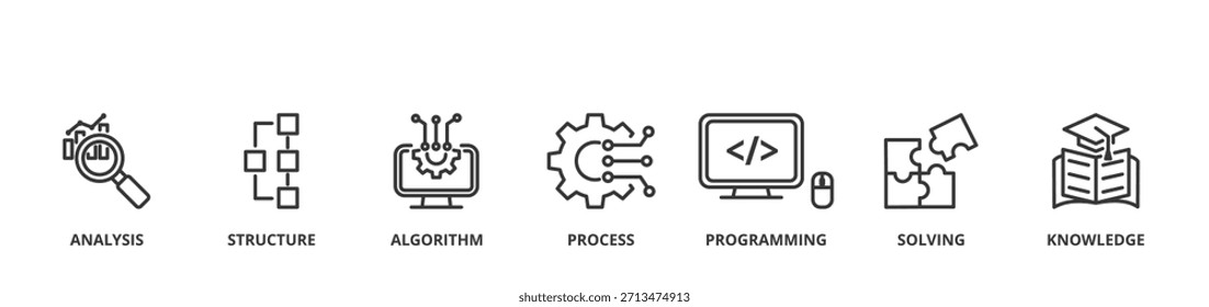 Data science banner vector illustration concept with icon of analysis, structure, algorithm, process, programming, solving and knowledge