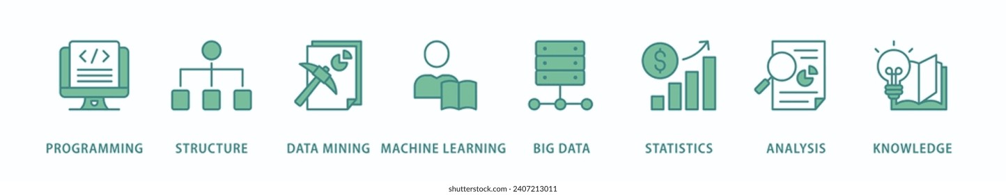 Data science banner web icon vector illustration concept with icon of data, classification, analyze, statistics, solving, decision and knowledge