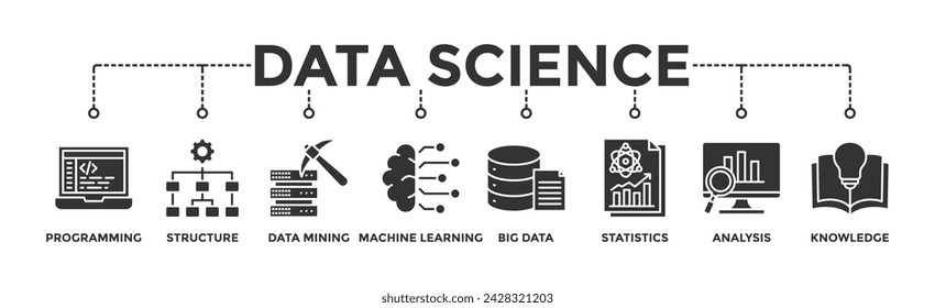Data science banner web icon vector illustration concept with icon of programming, structure, data mining, machine learning, big data, statistics, analysis, knowledge