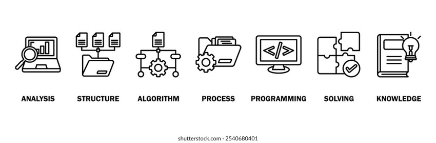 Ciencia de dados banner web ícone vetor ilustração conceito com ícone de análise, estrutura, algoritmo, processo, programação, resolução, conhecimento
