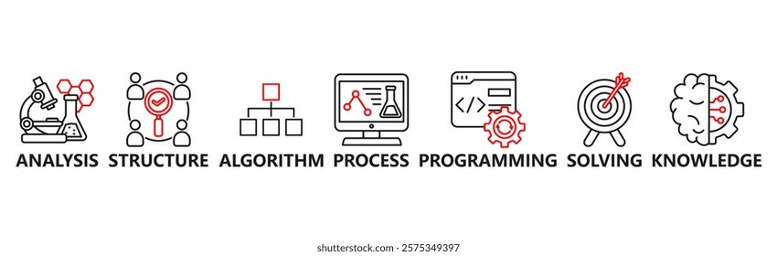 Data science banner web icon vector illustration concept with icon of programming, structure, data mining, machine learning, big data, statistics, analysis, knowledge
