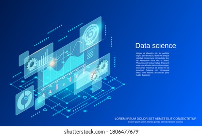 Data science, big data analysis flat 3d isometric vector concept illustration