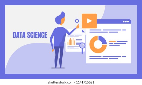 Data science, big data analysis, data research and marketing flat design vector