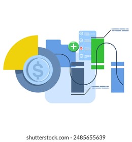 Data science and big data concept. Analysis. Folder with magnifying glass and pie charts. Infographic elements, Data Analysis for websites and mobile websites. modern flat illustration. File.vector