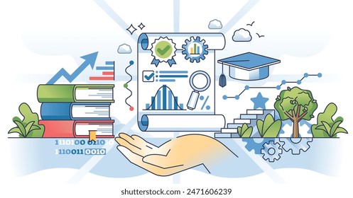 Data science certification and academic education outline hands concept. Scientific information processing, analysis and research learning vector illustration. Professional information analyst.